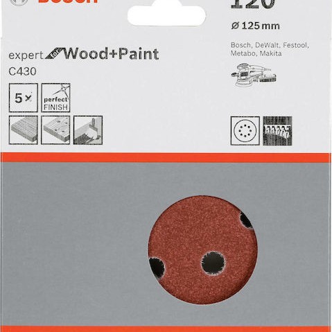 Bosch Φύλλο Λείανσης Έκκεντρου Τριβείου K120 με Τρύπες 125x125mm Σετ 5τμχ