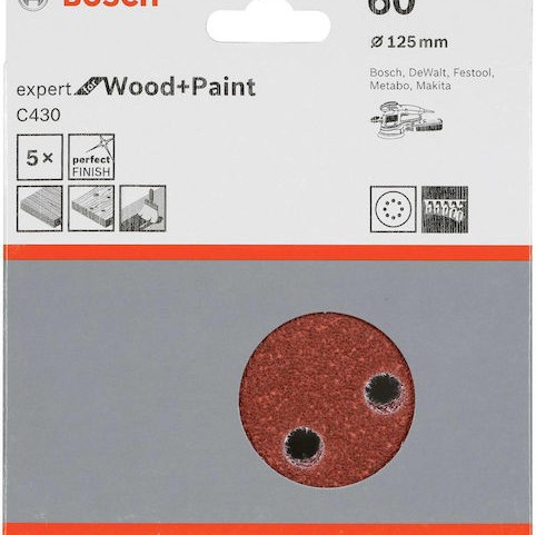 Bosch C430 Φύλλο Λείανσης Έκκεντρου Τριβείου K60 με Τρύπες 125x125mm Σετ 5τμχ