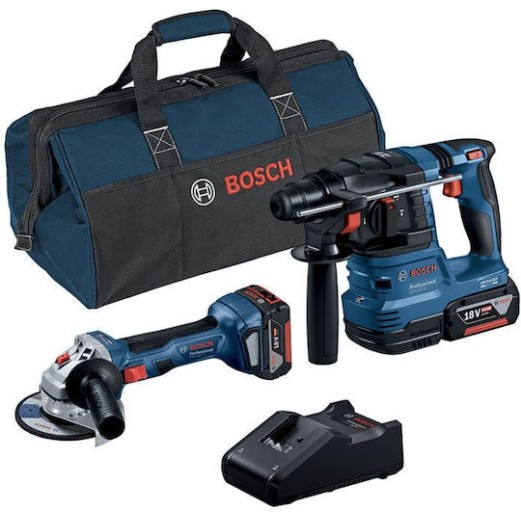 Bosch Σετ Γωνιακός Τροχός & Πιστολέτο Brushless 18V με 2 Μπαταρίες 4Ah και Θήκη