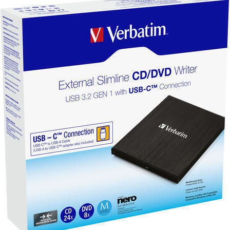 Verbatim External Slimline Εξωτερικός Οδηγός Εγγραφής/Ανάγνωσης DVD/CD για Desktop / Laptop Μαύρο