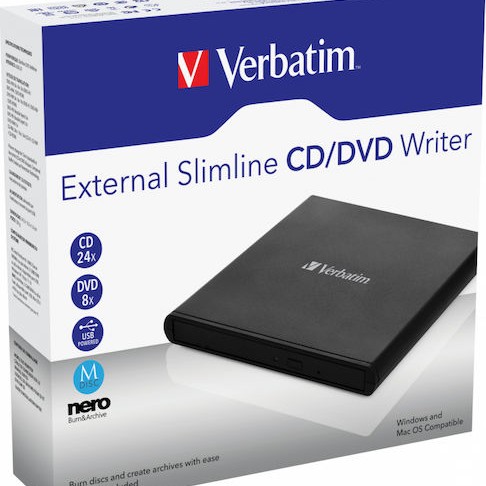 Verbatim External Slimline Εξωτερικός Οδηγός Εγγραφής/Ανάγνωσης DVD/CD για Desktop / Laptop Μαύρο