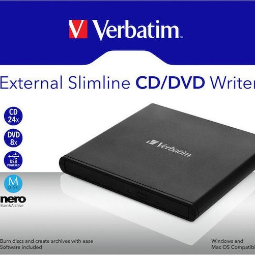 Verbatim External Slimline Εξωτερικός Οδηγός Εγγραφής/Ανάγνωσης DVD/CD για Desktop / Laptop Μαύρο