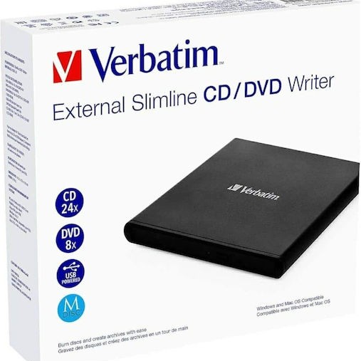Verbatim External Slimline Εξωτερικός Οδηγός Εγγραφής/Ανάγνωσης DVD/CD για Desktop / Laptop Μαύρο