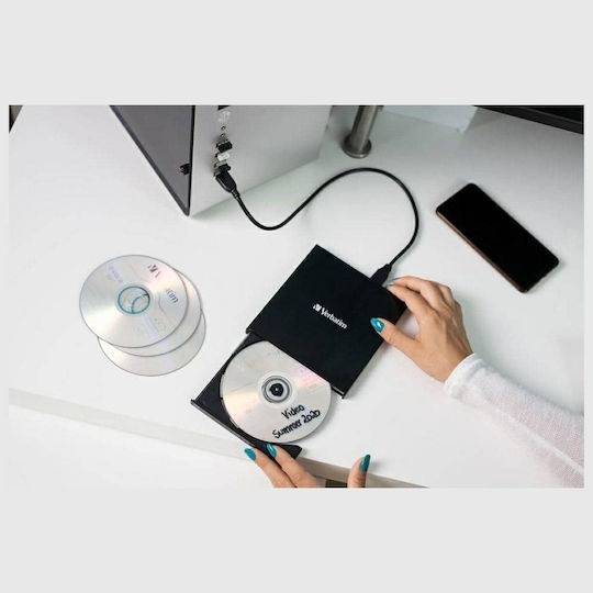 Verbatim External Slimline Εξωτερικός Οδηγός Εγγραφής/Ανάγνωσης DVD/CD για Desktop / Laptop Μαύρο