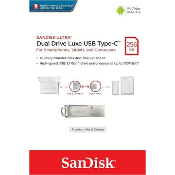 Sandisk Ultra Dual Drive Luxe 256GB USB 3.1 Stick με σύνδεση USB-C & USB-A Ασημί