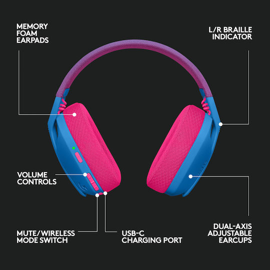 Logitech G435 Lightspeed Ασύρματο Over Ear Gaming Headset με σύνδεση Bluetooth / USB Μπλε/Φούξια