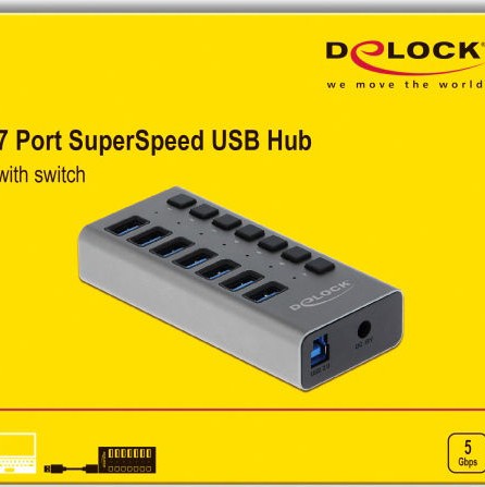 DeLock USB 3.0 Hub 7 Θυρών με σύνδεση USB-A & Θύρα Φόρτισης και Εξωτερική Παροχή Ρεύματος