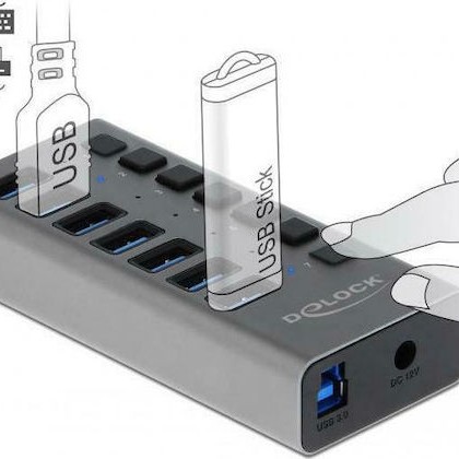DeLock USB 3.0 Hub 7 Θυρών με σύνδεση USB-A & Θύρα Φόρτισης και Εξωτερική Παροχή Ρεύματος