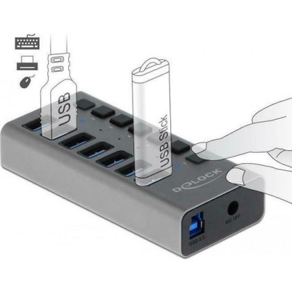 DeLock USB 3.0 Hub 7 Θυρών με σύνδεση USB-A & Θύρα Φόρτισης και Εξωτερική Παροχή Ρεύματος