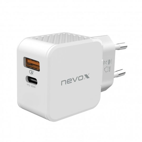 Nevox Φορτιστής Χωρίς Καλώδιο με Θύρα USB-A και Θύρα USB-C 30W Power Delivery / Quick Charge 3.0 Λευκός (2009)