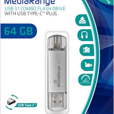 MediaRange 64GB USB 3.0 Stick με σύνδεση USB-A & USB-C Ασημί