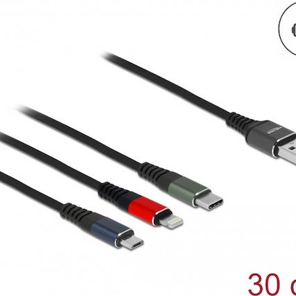 DeLock Regular USB to Lightning / Type-C / micro USB Cable Μαύρο 0.3m (87236)