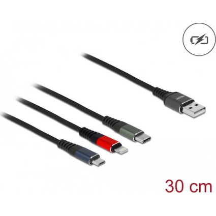 DeLock Regular USB to Lightning / Type-C / micro USB Cable Μαύρο 0.3m (87236)