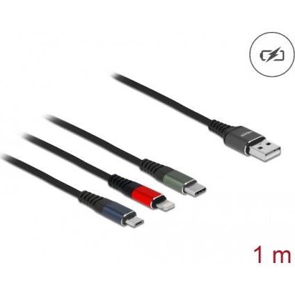DeLock Regular USB to Lightning / Type-C / micro USB Cable Μαύρο 1m (87277)