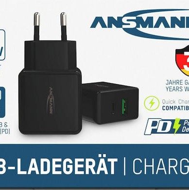 Ansmann Φορτιστής Χωρίς Καλώδιο με Θύρα USB-A και Θύρα USB-C Μαύρος (HC218PD)