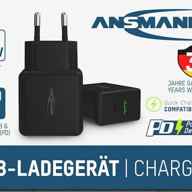 Ansmann Φορτιστής Χωρίς Καλώδιο με Θύρα USB-A και Θύρα USB-C Μαύρος (HC218PD)