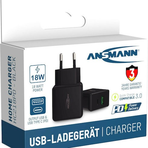 Ansmann Φορτιστής Χωρίς Καλώδιο με Θύρα USB-A και Θύρα USB-C Μαύρος (HC218PD)