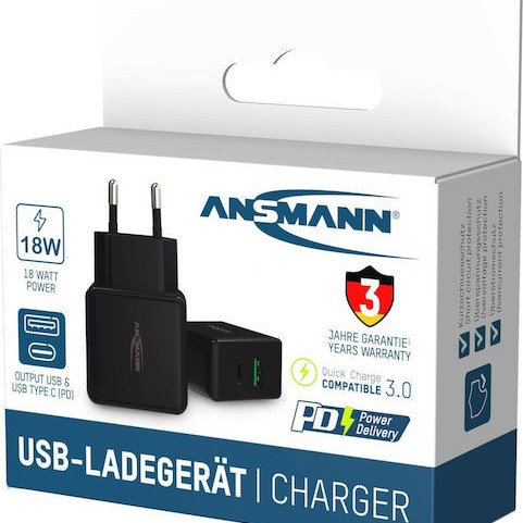 Ansmann Φορτιστής Χωρίς Καλώδιο με Θύρα USB-A και Θύρα USB-C Μαύρος (HC218PD)