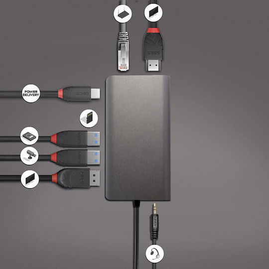 Lindy USB-C Docking Station με HDMI/DisplayPort 4K PD Ethernet και συνδεση 2 Οθονών Γκρι (43323)