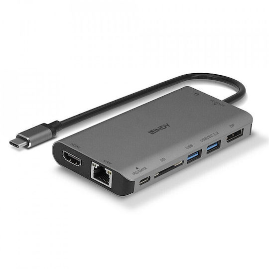 Lindy USB-C Docking Station με HDMI/DisplayPort 4K PD Ethernet και συνδεση 2 Οθονών Γκρι (43323)