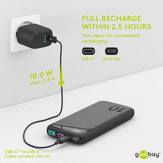 Goobay 53936 Power Bank 10000mAh 22.5W με 2 Θύρες USB-A και Θύρα USB-C Quick Charge 3.0 Μαύρο