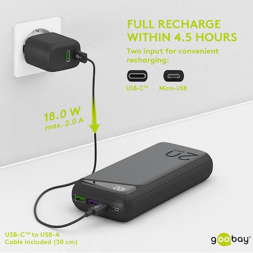 Goobay 53939 Power Bank 20000mAh 22.5W με 2 Θύρες USB-A και Θύρα USB-C Power Delivery / Quick Charge 3.0 Μαύρο
