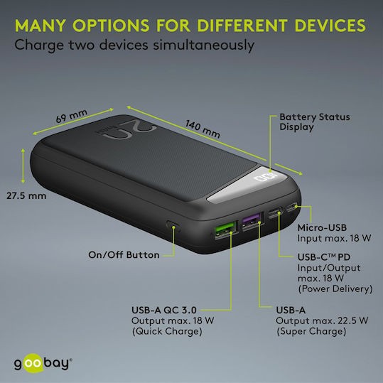 Goobay 53939 Power Bank 20000mAh 22.5W με 2 Θύρες USB-A και Θύρα USB-C Power Delivery / Quick Charge 3.0 Μαύρο