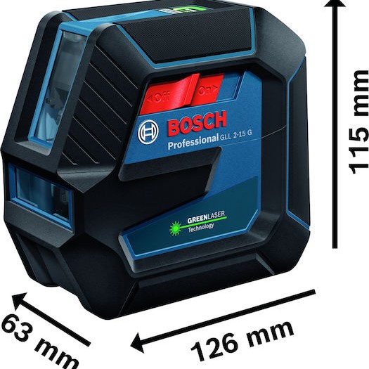 Bosch GLL 2-15 G Αυτορυθμιζόμενο Γραμμικό Αλφάδι Laser Πράσινης Δέσμης 1.5V με Εύρος Εργασίας 15m