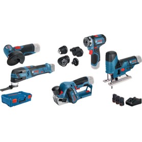 Bosch Σετ Δραπανοκατσάβιδο, Πλάνη, Πολυεργαλείο & Σέγα Brushless 12V με 2 Μπαταρίες 2Ah - 3Ah και Θήκη