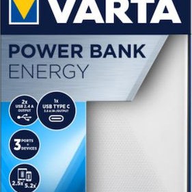 Varta Energy Power Bank 20000mAh με 2 Θύρες USB-A και Θύρα USB-C Λευκό