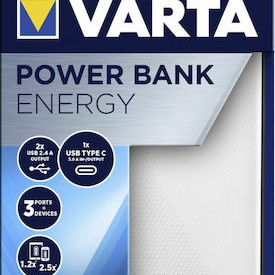 Varta Energy Power Bank 10000mAh με 2 Θύρες USB-A και Θύρα USB-C Λευκό
