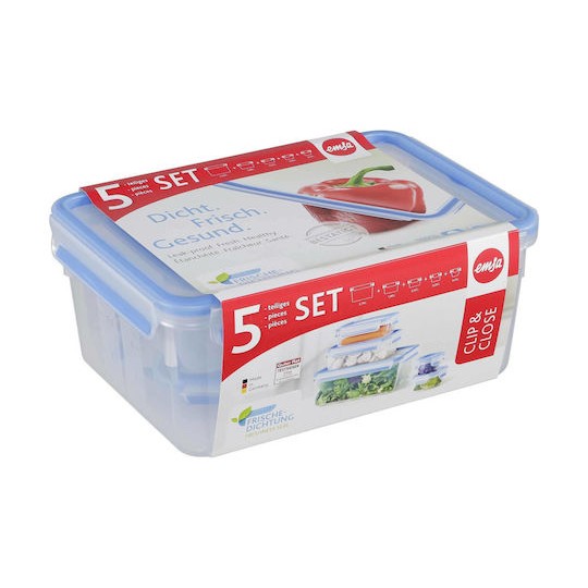 Emsa Clip & Close Σετ Δοχεία Φαγητού Πλαστικά Transparent/Blue 40cm 5τμχ