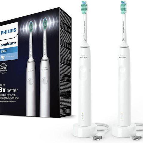 Philips Sonicare 3100 Ηλεκτρική Οδοντόβουρτσα με Χρονομετρητή και Αισθητήρα Πίεσης 2τμχ White