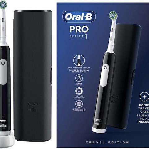 Oral-B Pro1 Ηλεκτρική Οδοντόβουρτσα με Αισθητήρα Πίεσης και Θήκη Ταξιδίου Μαύρη