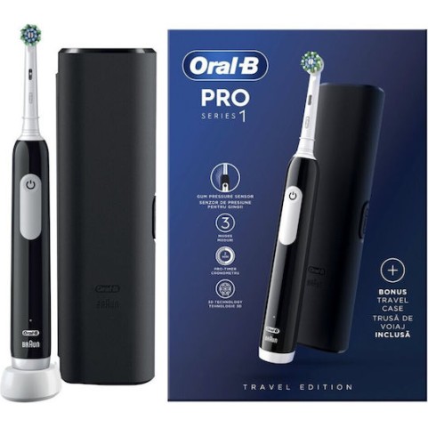 Oral-B Pro1 Ηλεκτρική Οδοντόβουρτσα με Αισθητήρα Πίεσης και Θήκη Ταξιδίου Μαύρη