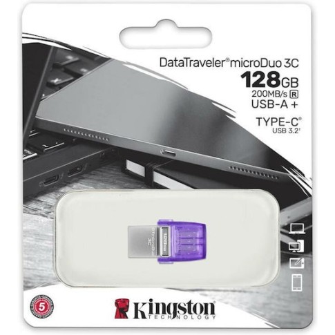 Kingston DataTraveler MicroDuo 3C 128GB USB 3.1 Stick με σύνδεση USB-A & USB-C Μωβ