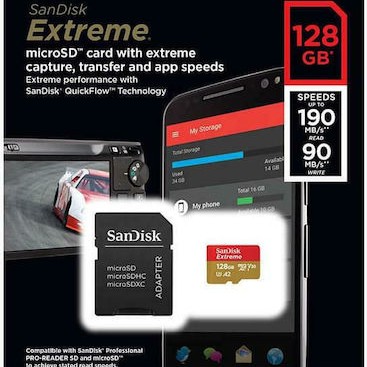 Sandisk Extreme microSDXC 128GB Class 10 U3 V30 A2 UHS-I με αντάπτορα SDSQXAA-128G-GN6MA