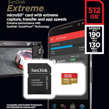 Sandisk Extreme microSDXC 512GB U3 V30 A2 UHS-I με αντάπτορα 190MB/s
