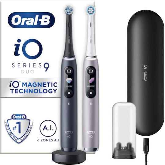 Oral-B iO Series 9 Duo Ηλεκτρική Οδοντόβουρτσα με Χρονομετρητή, Αισθητήρα Πίεσης και Θήκη Ταξιδίου Black Onyx / Rose Quartz