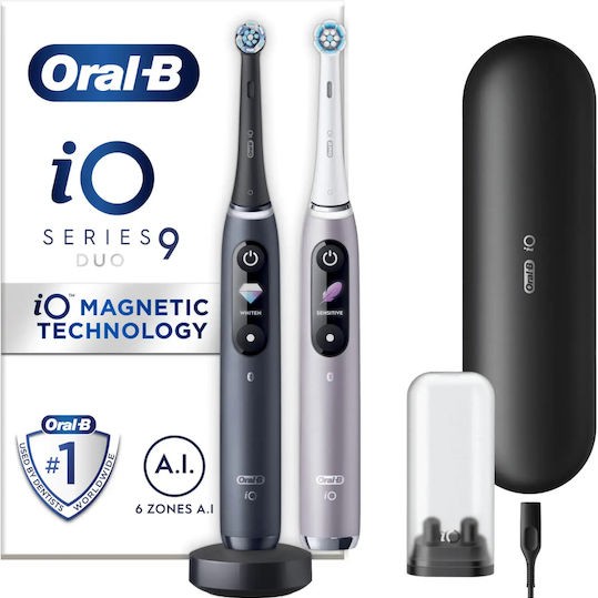 Oral-B iO Series 9 Duo Ηλεκτρική Οδοντόβουρτσα με Χρονομετρητή, Αισθητήρα Πίεσης και Θήκη Ταξιδίου Black Onyx / Rose Quartz