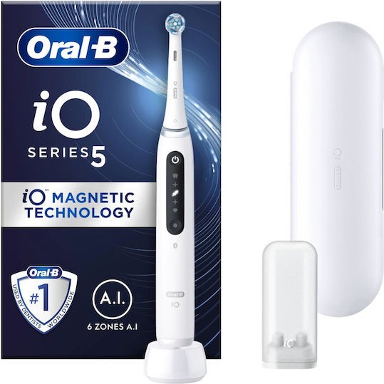 Oral-B IO Series 5 Ηλεκτρική Οδοντόβουρτσα με Χρονομετρητή, Αισθητήρα Πίεσης και Θήκη Ταξιδίου Λευκή