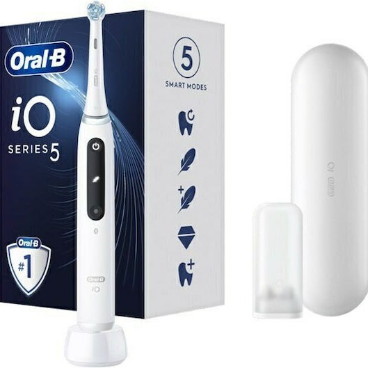 Oral-B IO Series 5 Ηλεκτρική Οδοντόβουρτσα με Χρονομετρητή, Αισθητήρα Πίεσης και Θήκη Ταξιδίου Λευκή