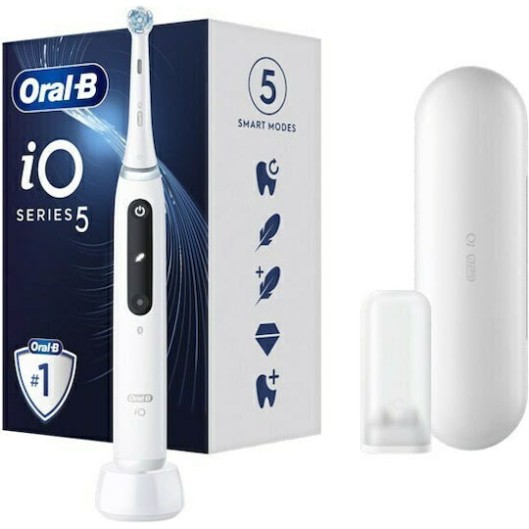 Oral-B IO Series 5 Ηλεκτρική Οδοντόβουρτσα με Χρονομετρητή, Αισθητήρα Πίεσης και Θήκη Ταξιδίου Λευκή