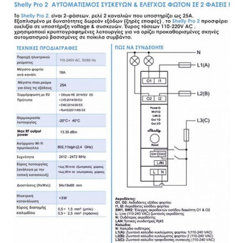 Shelly PRO 2 Ρελέ Ράγας Ισχύος 16A με Τάση 230V