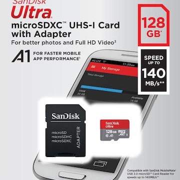 Sandisk Ultra microSDXC 128GB Class 10 U1 A1 UHS-I με αντάπτορα 140MB/s