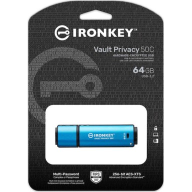 Kingston IronKey Vault Privacy 50 64GB USB 3.2 Stick με σύνδεση USB-C Μπλε