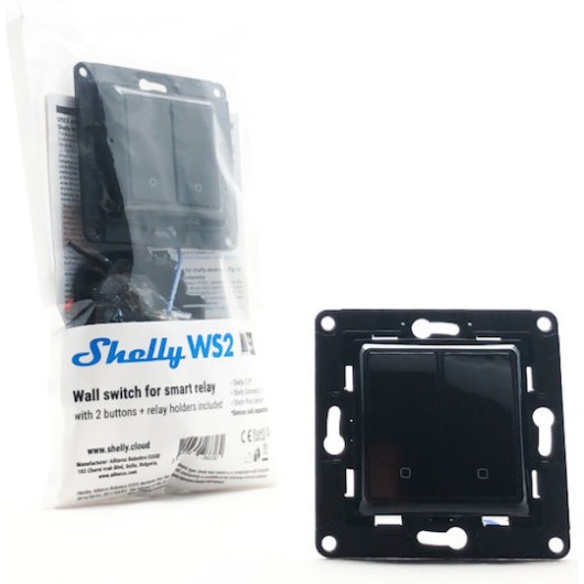 Shelly WS2 Χωνευτός Διακόπτης Τοίχου Wi-Fi Εντολών Διπλός χωρίς Πλαίσιο Μαύρος