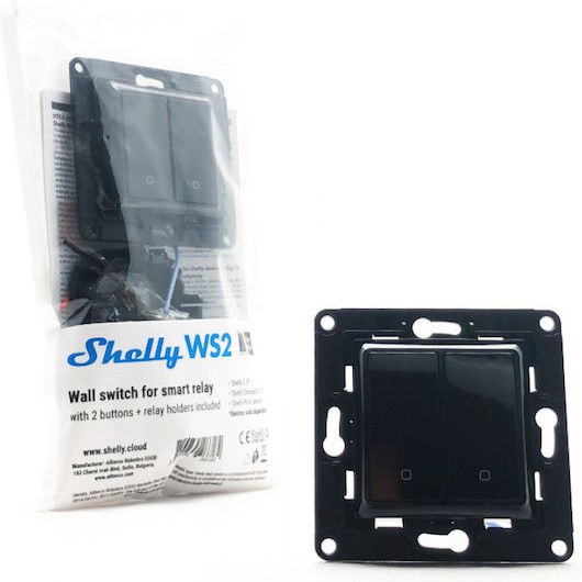 Shelly WS2 Χωνευτός Διακόπτης Τοίχου Wi-Fi Εντολών Διπλός χωρίς Πλαίσιο Μαύρος