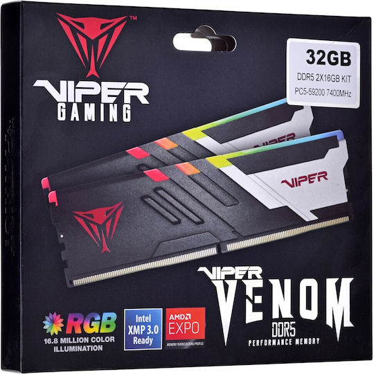 Patriot Viper Venom RGB DDR5 32GB RAM με 2x16GB Modules και Ταχύτητα 7400 για Desktop