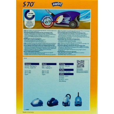 Swirl S70 Σακούλες Σκούπας 4τμχ Συμβατή με Σκούπα Bosch / Siemens